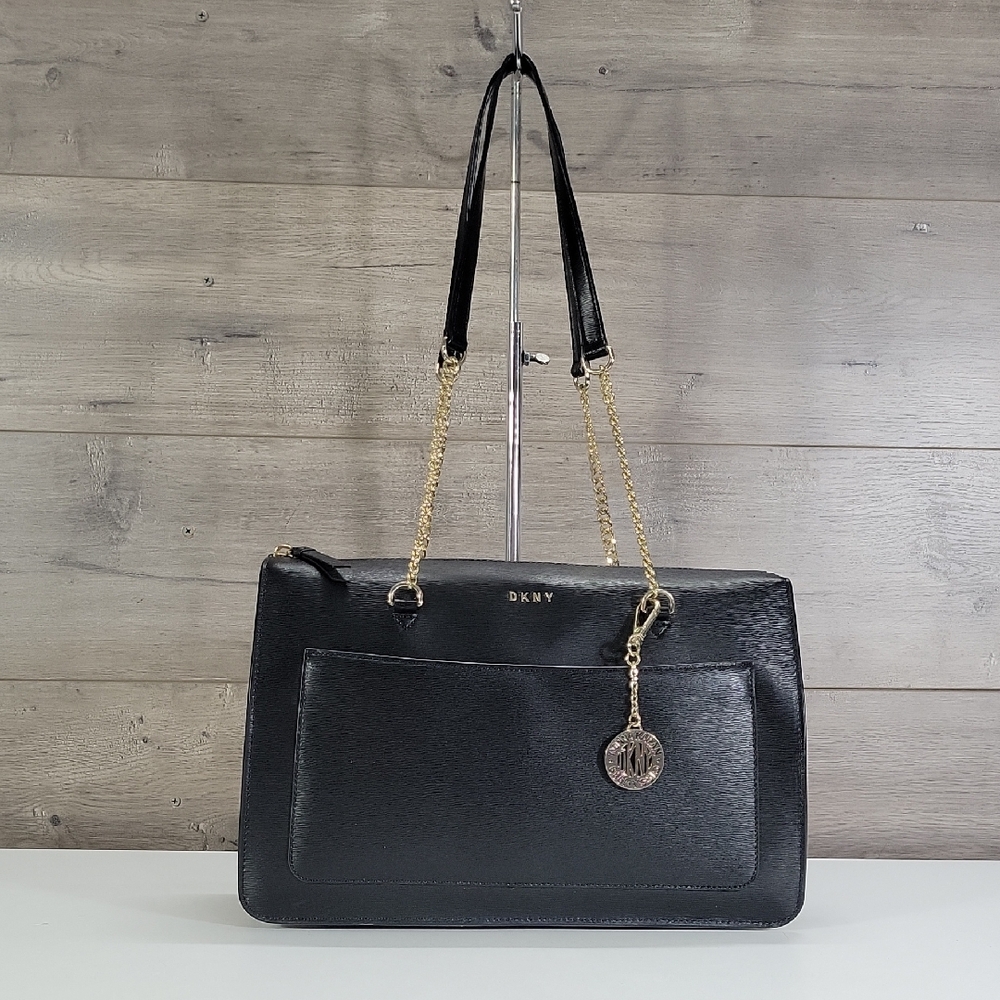 DKNY Black Textured Leather Shoulder Bag with Gold Chain Straps